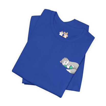 Kitty and Corgi — Sleepy Kitty Snuggling Her Dino Plushie — Super Soft Cotton Airlume Unisex T-Shirt