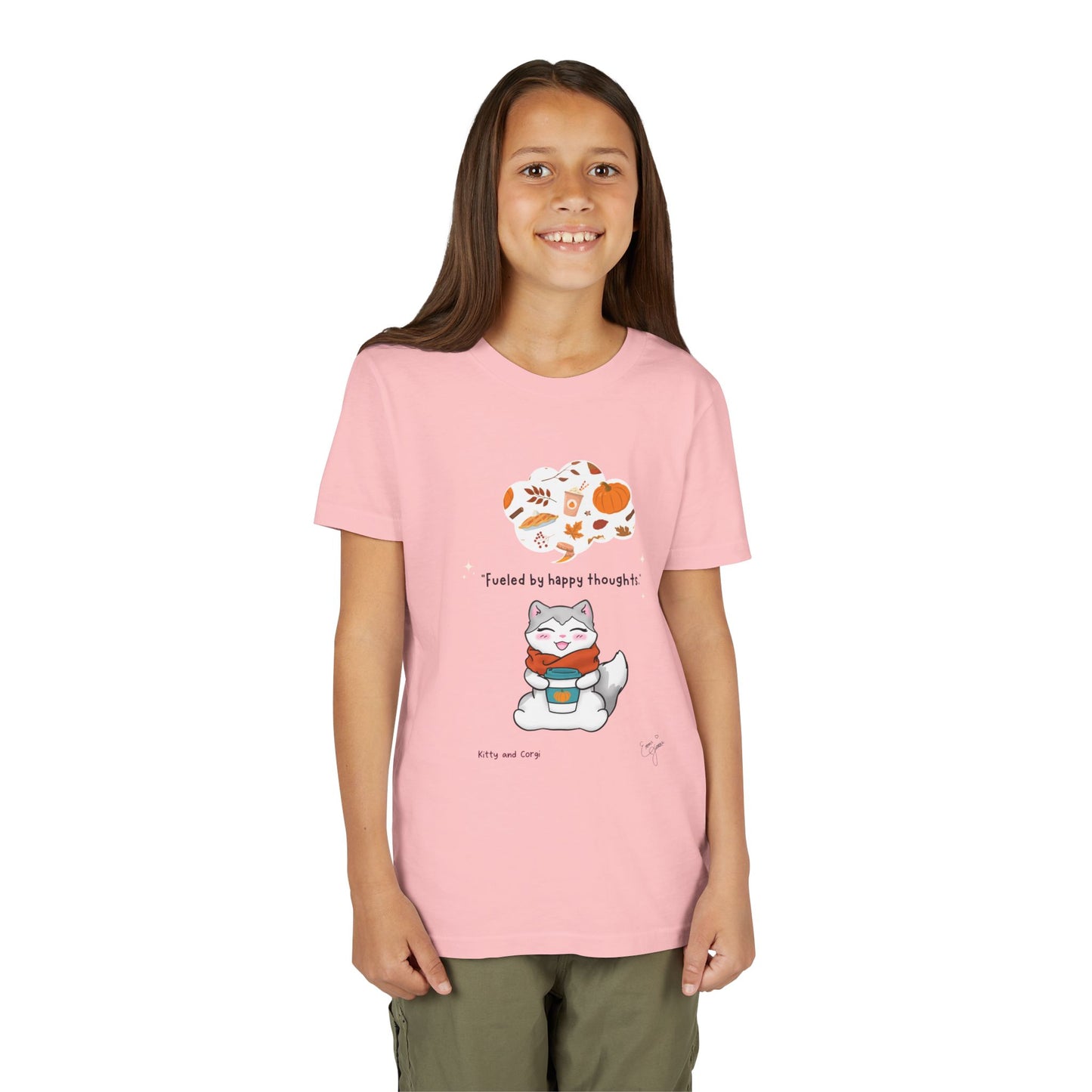 Youth Tee — Kitty loves Autumn - Fueled by Happy Thoughts - Unisex Youth/ Children's Graphic Tee