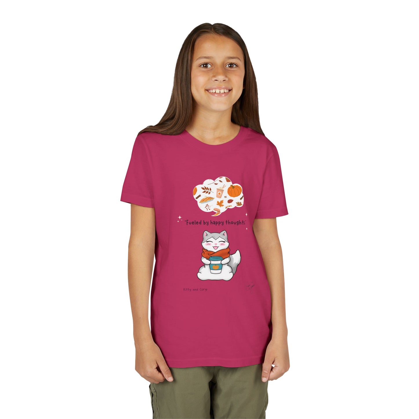 Youth Tee — Kitty loves Autumn - Fueled by Happy Thoughts - Unisex Youth/ Children's Graphic Tee