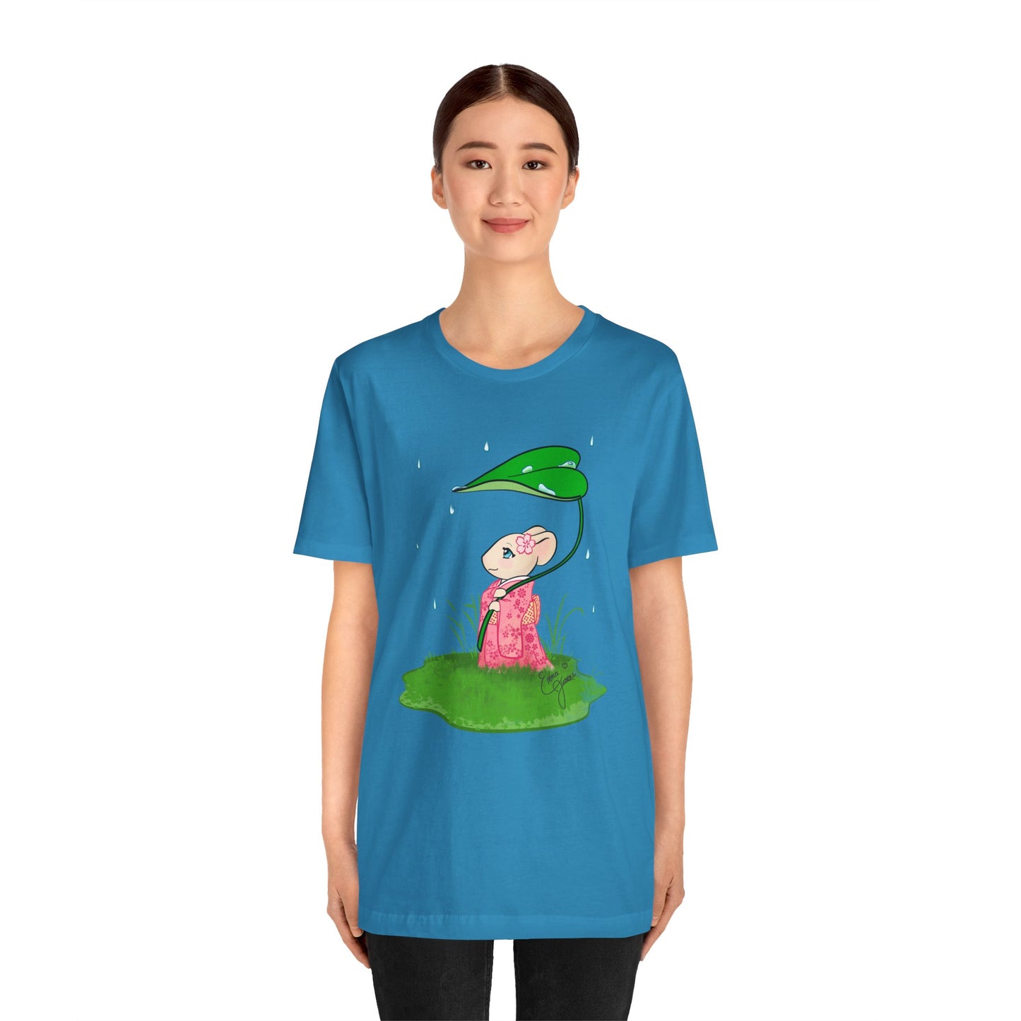 Sakura Mousie with a Leaf Umbrella on a Rainy Day - Super Soft Cotton Airlume Unisex T-Shirt (Large Graphic)