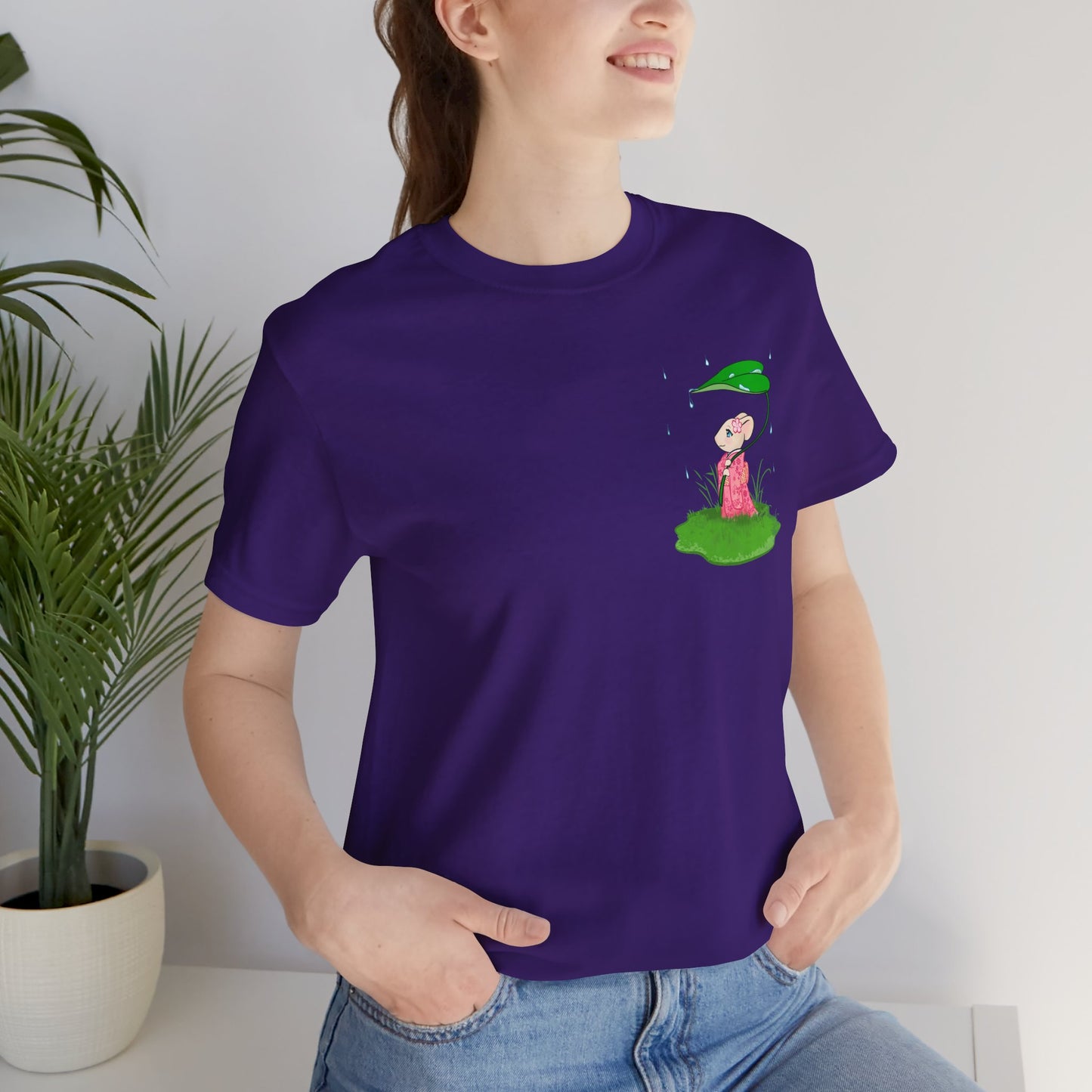 Sakura Mousie with a Leaf Umbrella on a Rainy Day - Super Soft Cotton Airlume Unisex T-Shirt (Small Pocket Graphic)