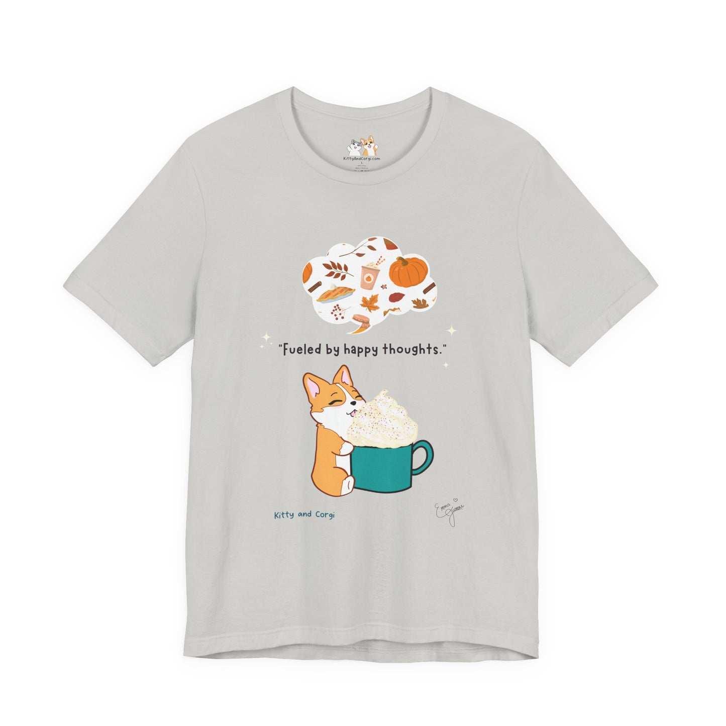 Corgi is Fueled by Happy Thoughts of Fall and Pumpkin Spice - Super Soft Cotton Airlume Unisex T-Shirt (Large Graphic)