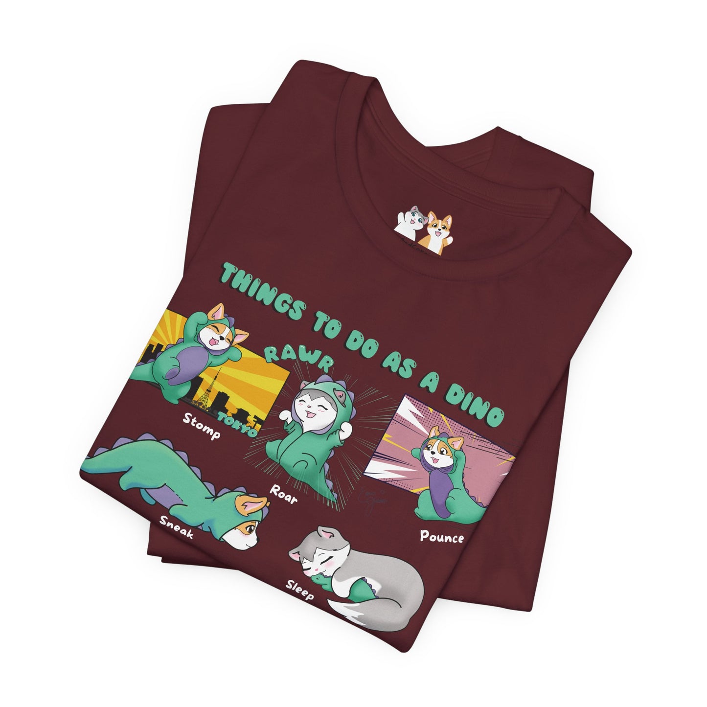 Kitty and Corgi - Things To Do As A Dino - Super Soft Cotton Airlume Unisex T-Shirt (Horizontal Graphic)