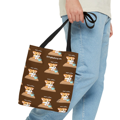 Corgi Needs Coffee - Repeating Pattern in Coffee Brown - Tote Bag