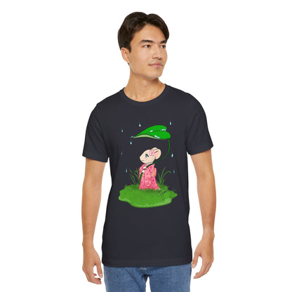 Sakura Mousie with a Leaf Umbrella on a Rainy Day - Super Soft Cotton Airlume Unisex T-Shirt (Large Graphic)