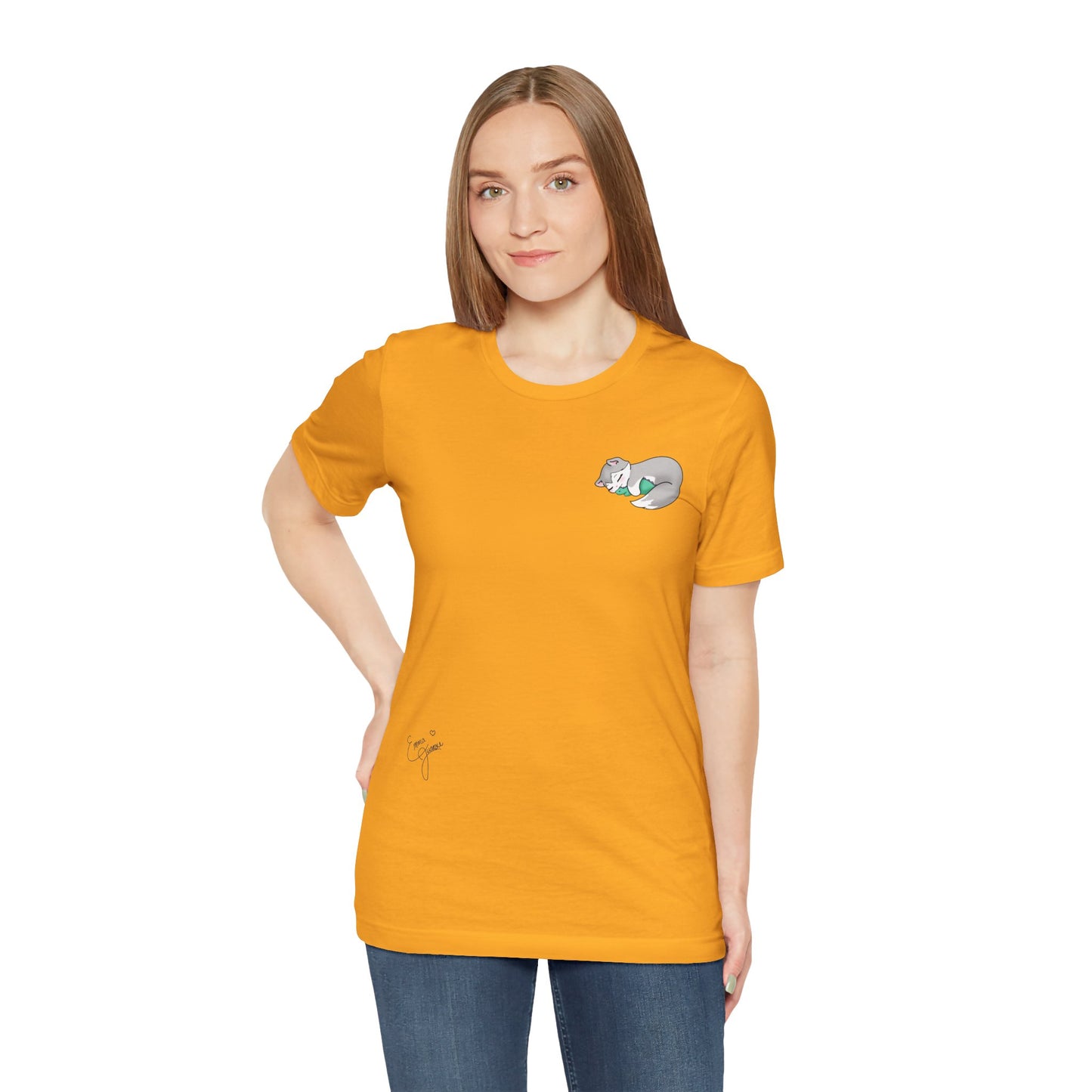 Kitty and Corgi — Sleepy Kitty Snuggling Her Dino Plushie — Super Soft Cotton Airlume Unisex T-Shirt