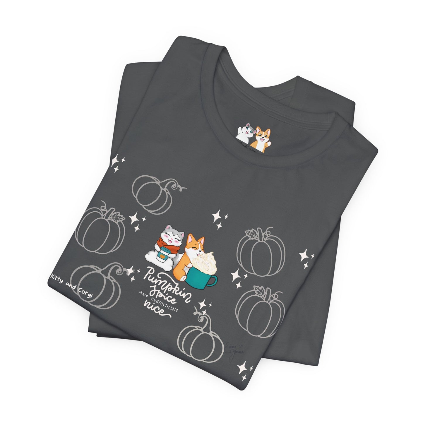 Kitty and Corgi - Pumpkin Spice and Everything Nice - Super Soft Cotton Airlume Unisex T-Shirt (Large Front Graphic)