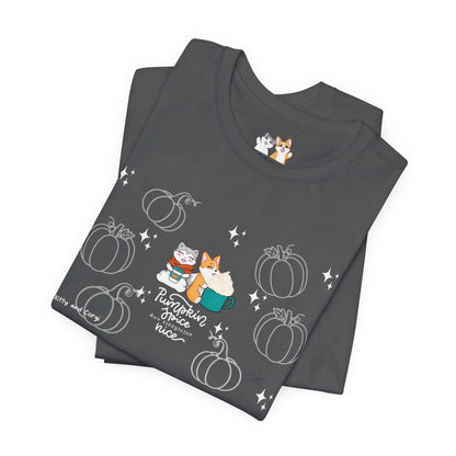 Kitty and Corgi - Pumpkin Spice and Everything Nice - Super Soft Cotton Airlume Unisex T-Shirt (Large Front Graphic)