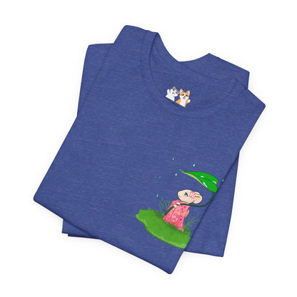 Sakura Mousie with a Leaf Umbrella on a Rainy Day - Super Soft Cotton Airlume Unisex T-Shirt (Small Pocket Graphic)