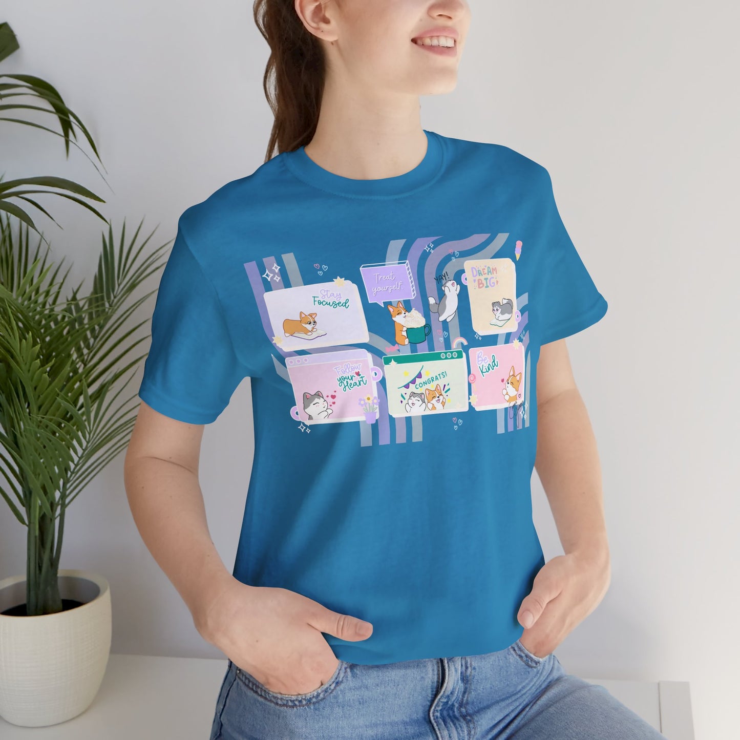 Kitty and Corgi - Groovy Encouragement Compilation - Super Soft Cotton Airlume Unisex T-Shirt (Horizontal Graphic)
