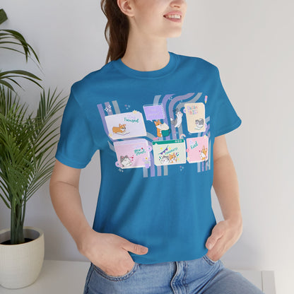 Kitty and Corgi - Groovy Encouragement Compilation - Super Soft Cotton Airlume Unisex T-Shirt (Horizontal Graphic)