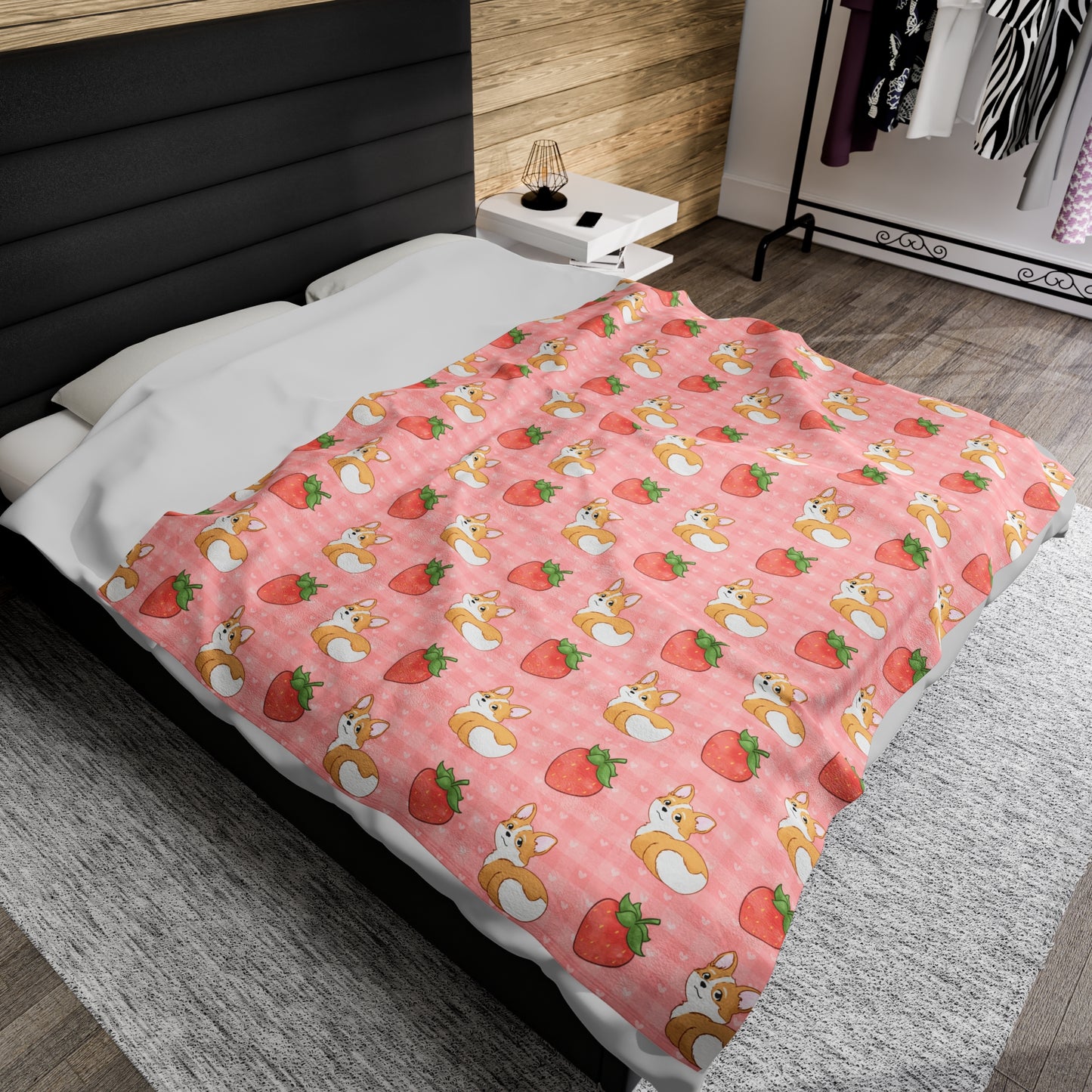 Corgi Butt and Strawberries Pink Gingham and Hearts Velveteen Plush Blanket