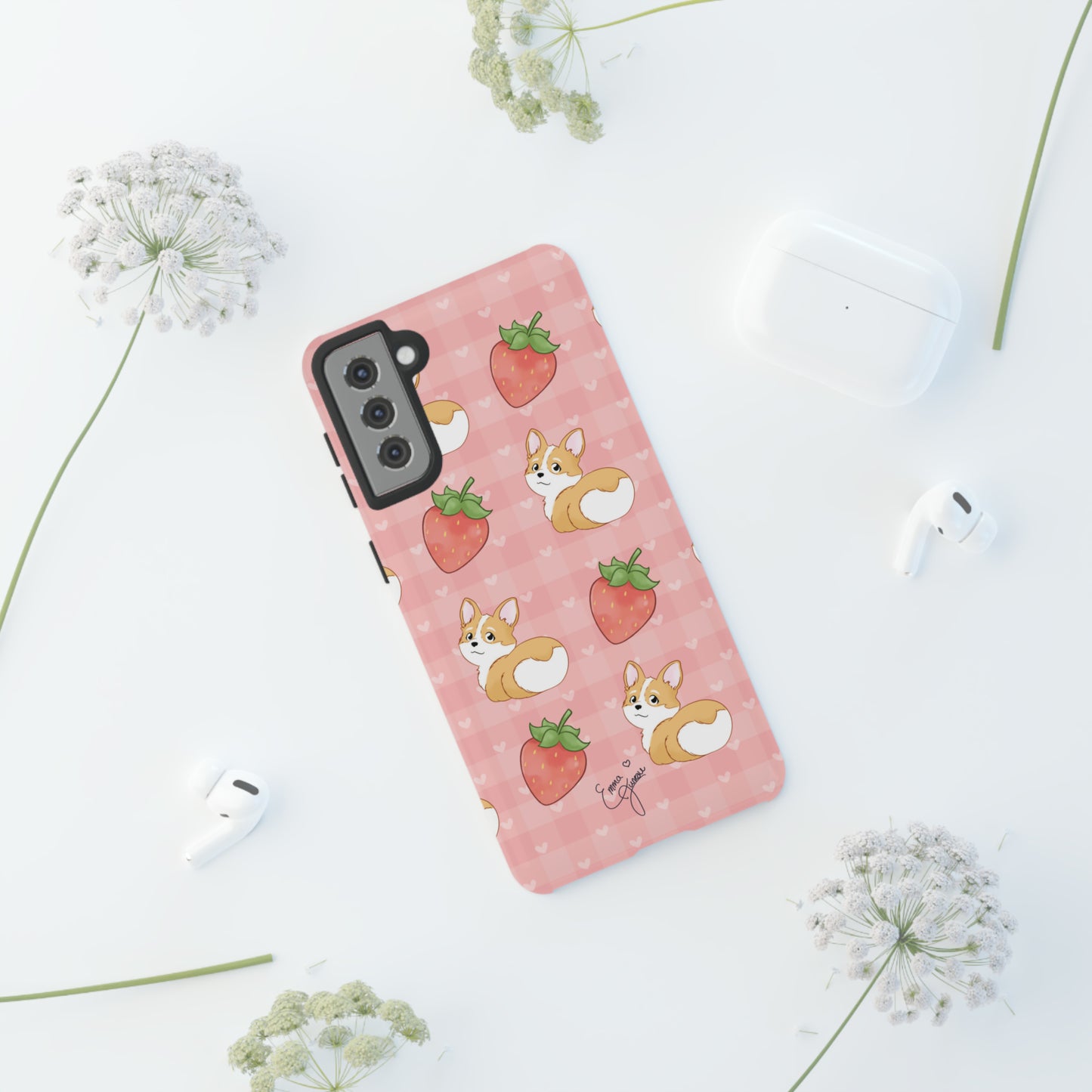 Corgi Butt and Strawberries Cute Pink Gingham Hearts Tough Case