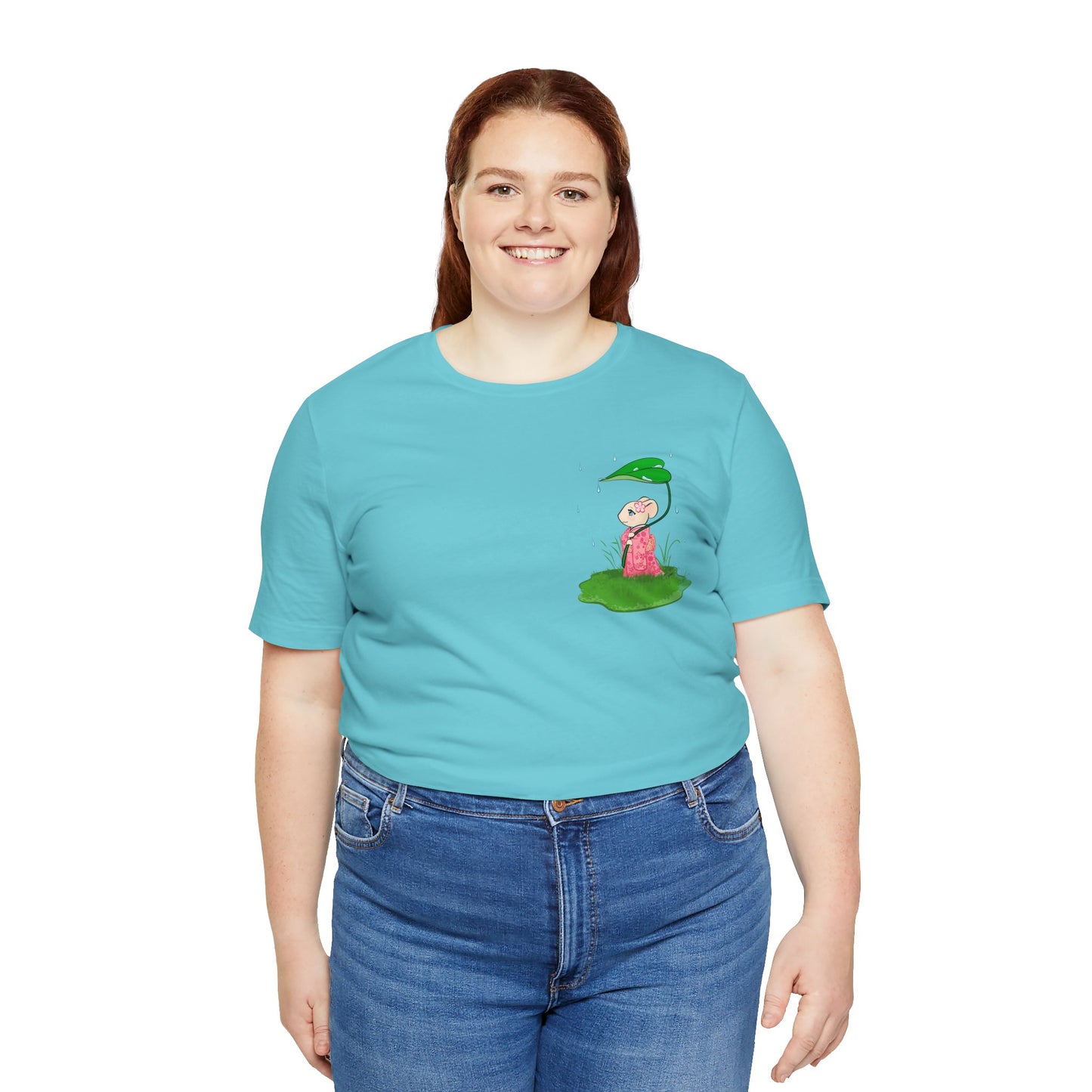 Sakura Mousie with a Leaf Umbrella on a Rainy Day - Super Soft Cotton Airlume Unisex T-Shirt (Small Pocket Graphic)