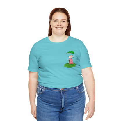Sakura Mousie with a Leaf Umbrella on a Rainy Day - Super Soft Cotton Airlume Unisex T-Shirt (Small Pocket Graphic)