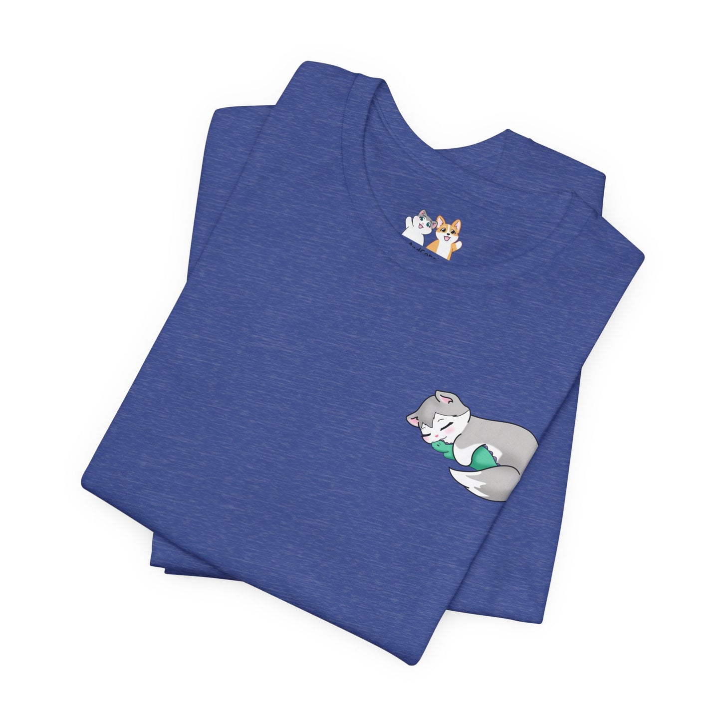 Kitty and Corgi — Sleepy Kitty Snuggling Her Dino Plushie — Super Soft Cotton Airlume Unisex T-Shirt