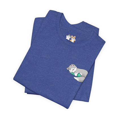 Kitty and Corgi — Sleepy Kitty Snuggling Her Dino Plushie — Super Soft Cotton Airlume Unisex T-Shirt