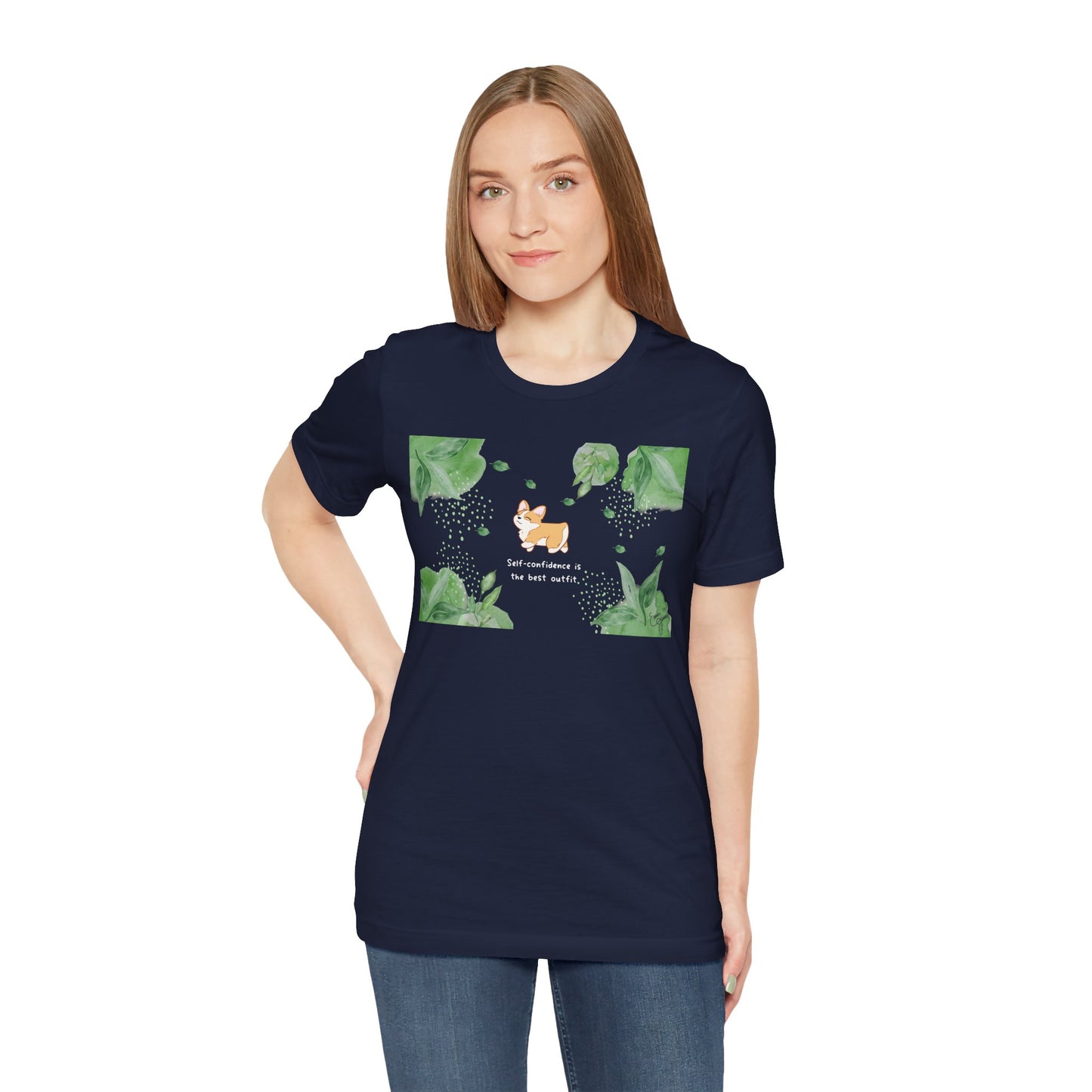 Corgi - Confidence is the Best Outfit - Super Soft Cotton Airlume Unisex T-Shirt (Horizontal Graphic)