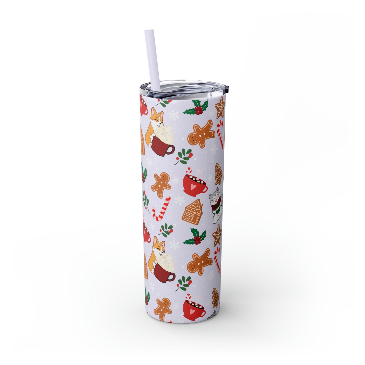 Kitty and Corgi Cocoa and Gingerbread Christmas - Skinny Tumbler with Straw, 20oz