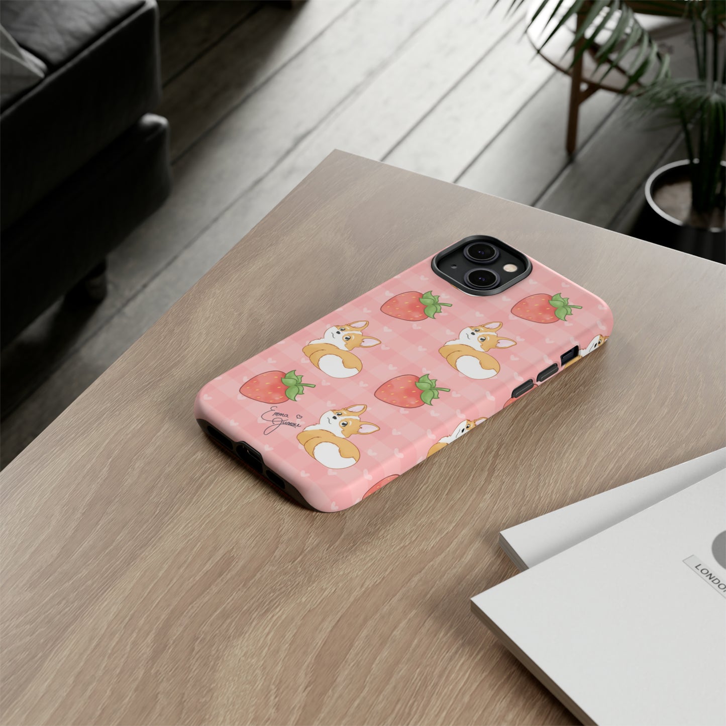 Corgi Butt and Strawberries Cute Pink Gingham Hearts Tough Case