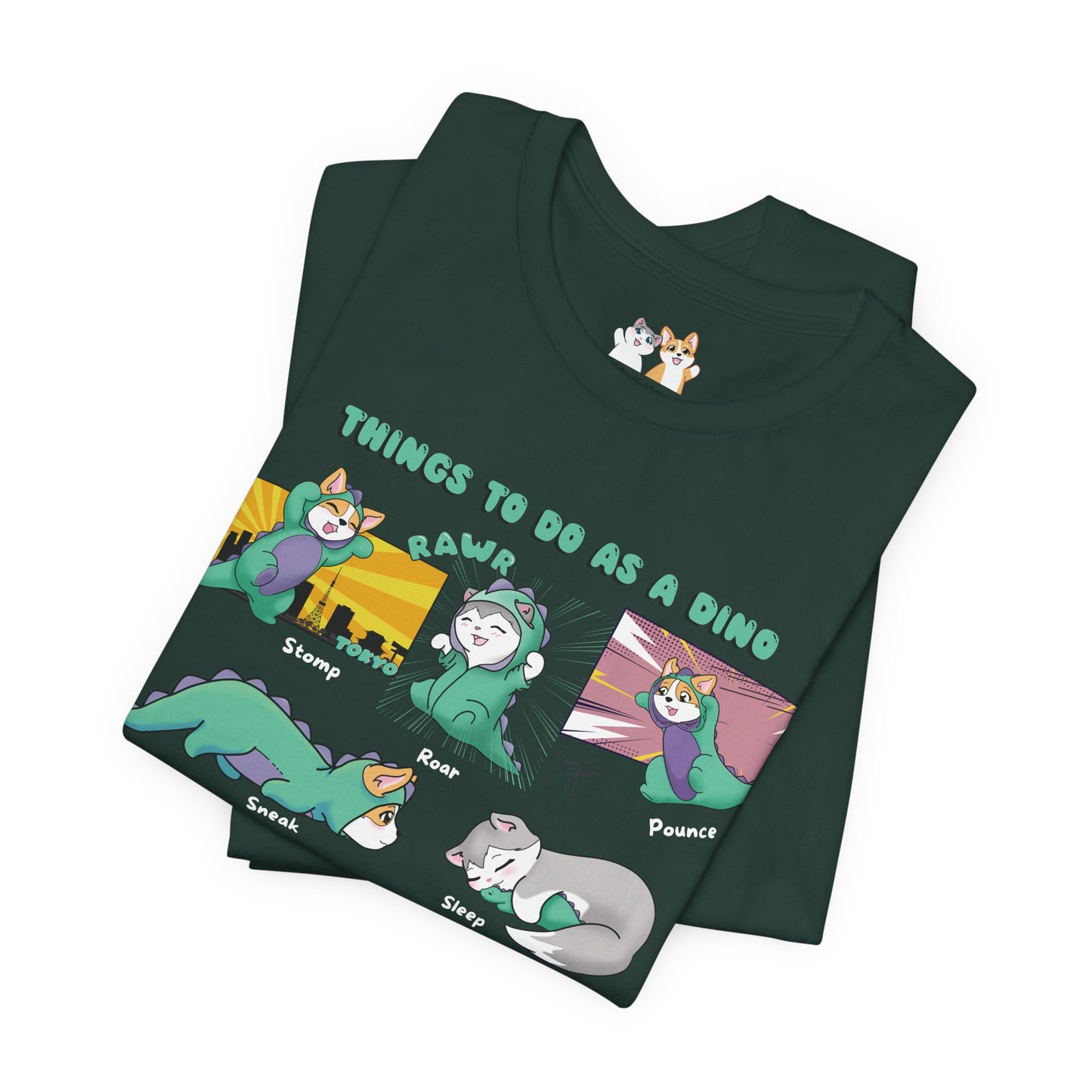 Kitty and Corgi - Things To Do As A Dino - Super Soft Cotton Airlume Unisex T-Shirt (Horizontal Graphic)
