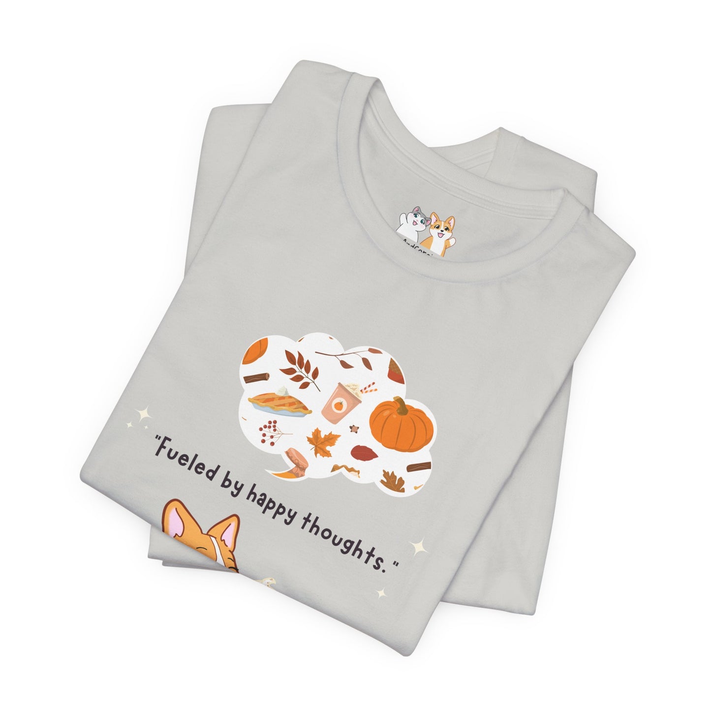 Corgi is Fueled by Happy Thoughts of Fall and Pumpkin Spice - Super Soft Cotton Airlume Unisex T-Shirt (Large Graphic)