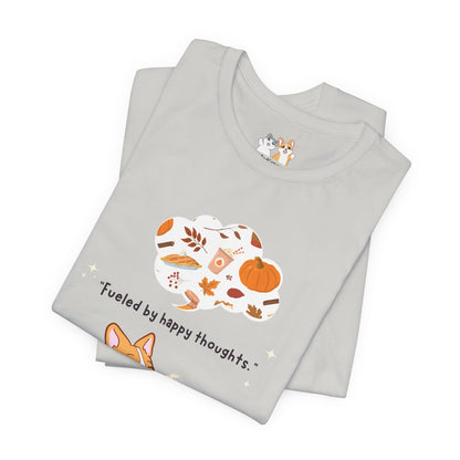 Corgi is Fueled by Happy Thoughts of Fall and Pumpkin Spice - Super Soft Cotton Airlume Unisex T-Shirt (Large Graphic)