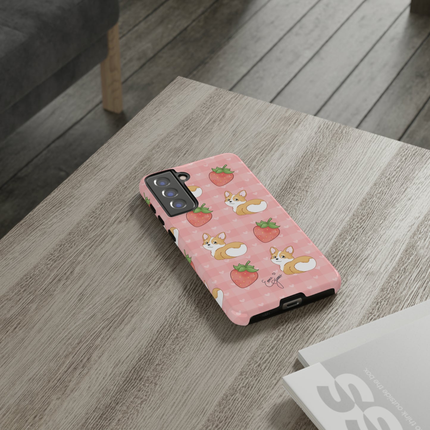Corgi Butt and Strawberries Cute Pink Gingham Hearts Tough Case