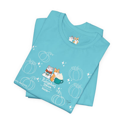 Kitty and Corgi - Pumpkin Spice and Everything Nice - Super Soft Cotton Airlume Unisex T-Shirt (Large Front Graphic)
