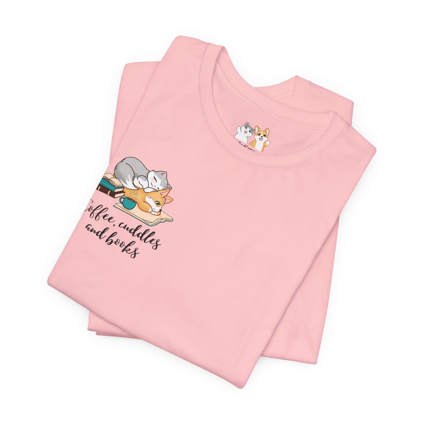 Kitty and Corgi — Coffee, Cuddles, and Books — Super Soft Cotton Airlume Unisex T-Shirt