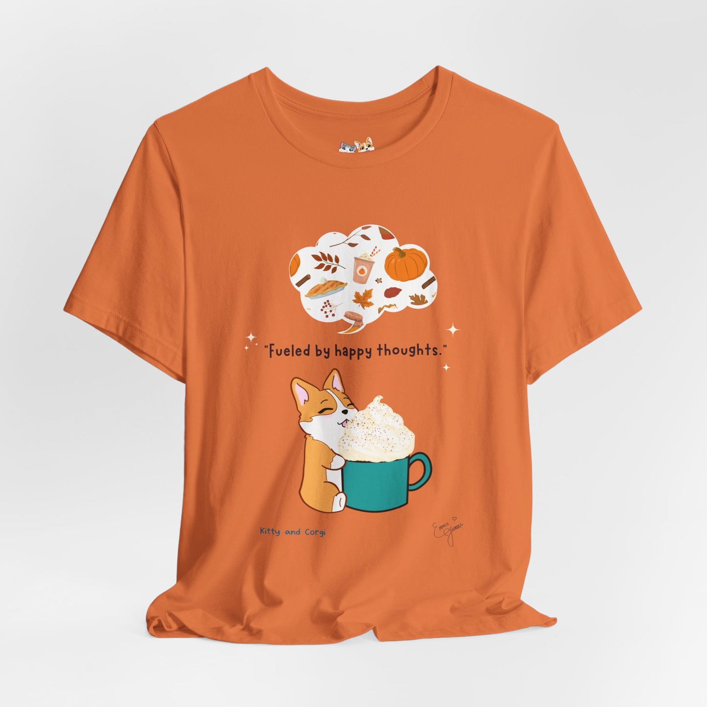 Corgi is Fueled by Happy Thoughts of Fall and Pumpkin Spice - Super Soft Cotton Airlume Unisex T-Shirt (Large Graphic)