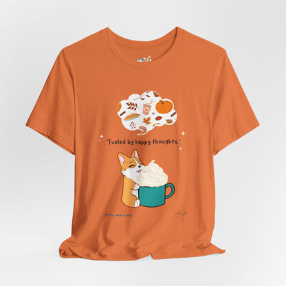 Corgi is Fueled by Happy Thoughts of Fall and Pumpkin Spice - Super Soft Cotton Airlume Unisex T-Shirt (Large Graphic)