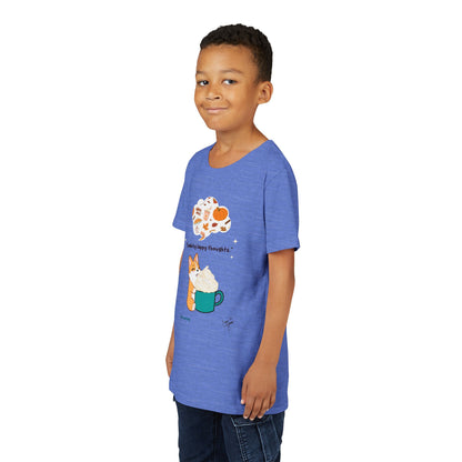 Youth Tee — Corgi loves Autumn - Fueled by Happy Thoughts - Unisex Youth/ Children's Graphic Tee