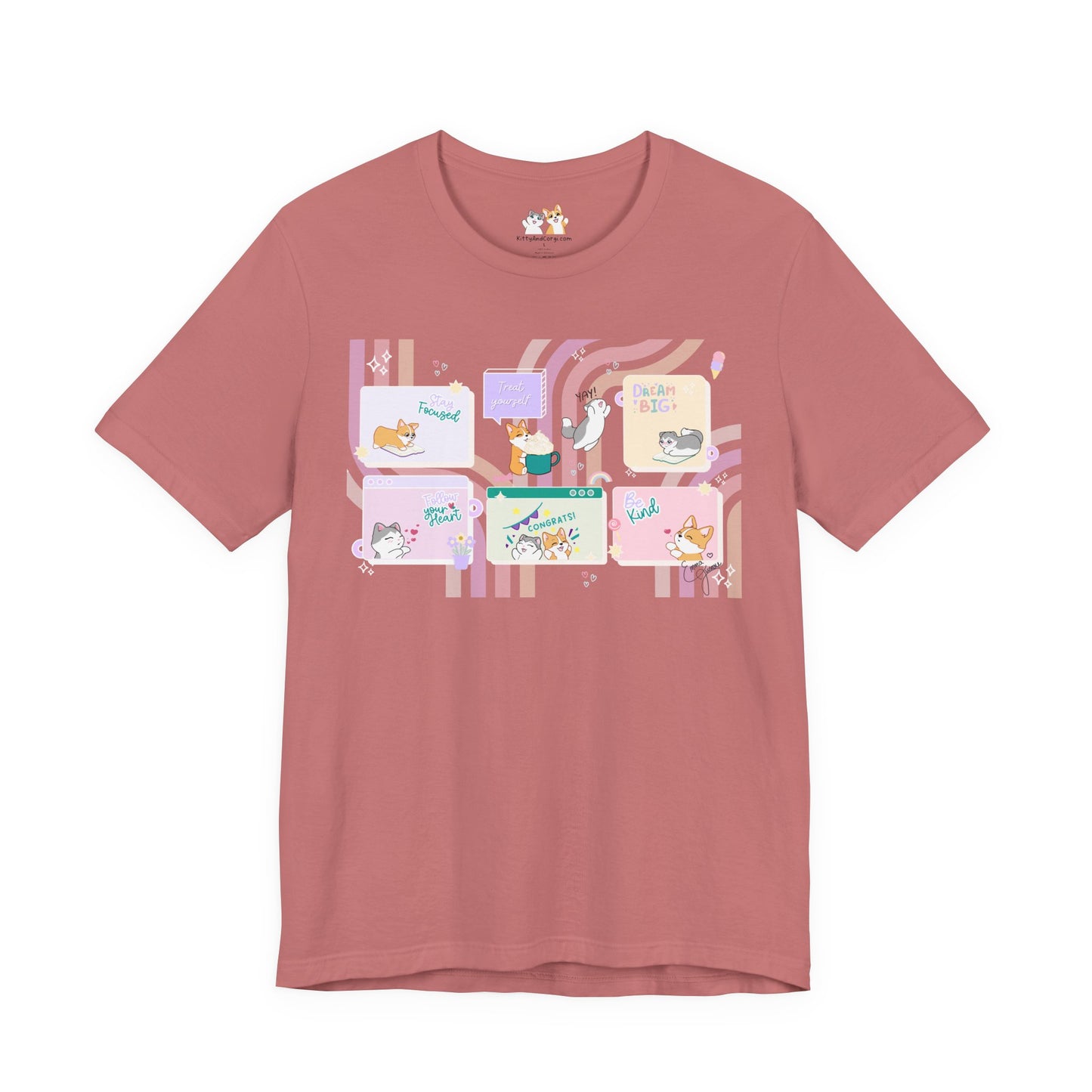 Kitty and Corgi - Groovy Encouragement Compilation - Super Soft Cotton Airlume Unisex T-Shirt (Horizontal Graphic)