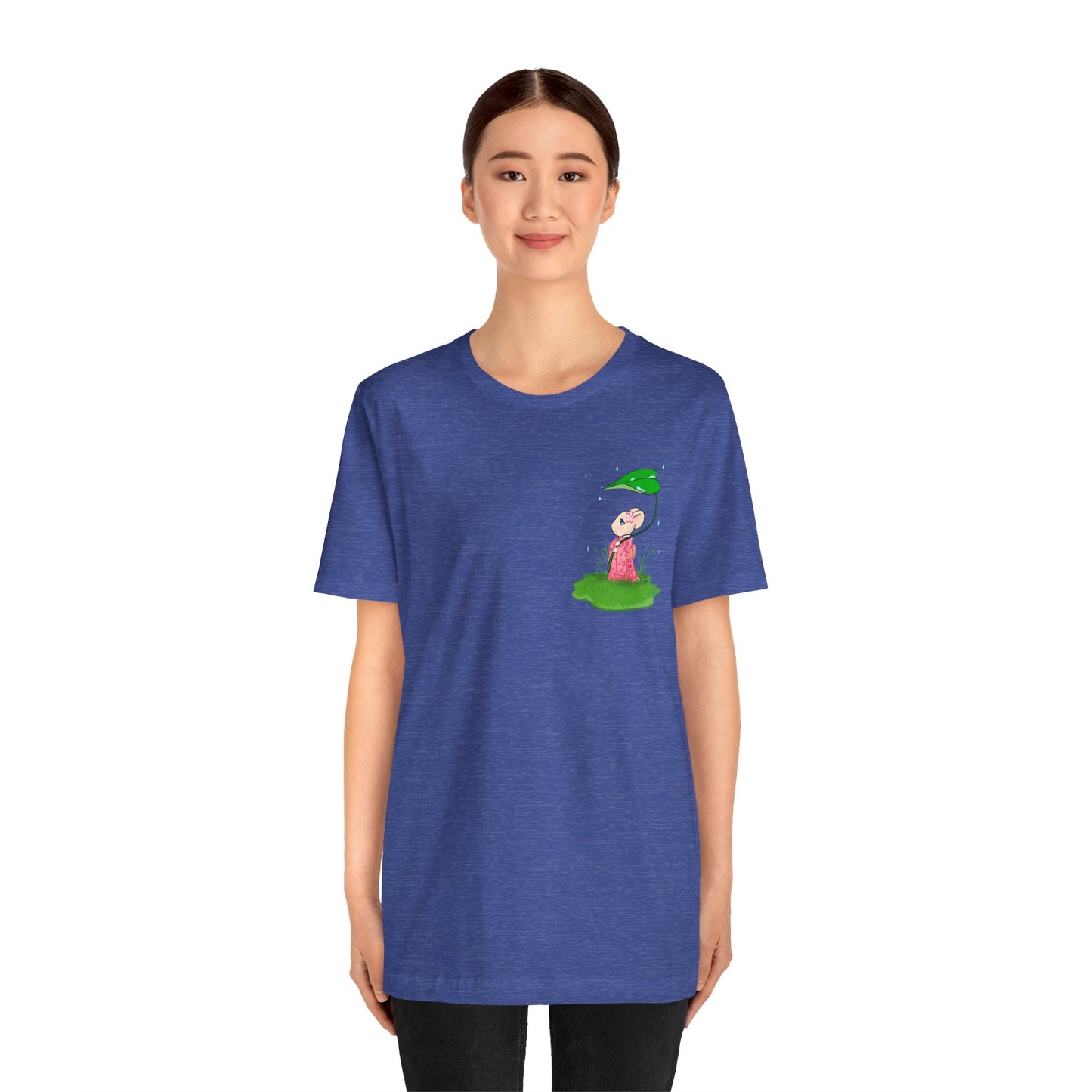 Sakura Mousie with a Leaf Umbrella on a Rainy Day - Super Soft Cotton Airlume Unisex T-Shirt (Small Pocket Graphic)
