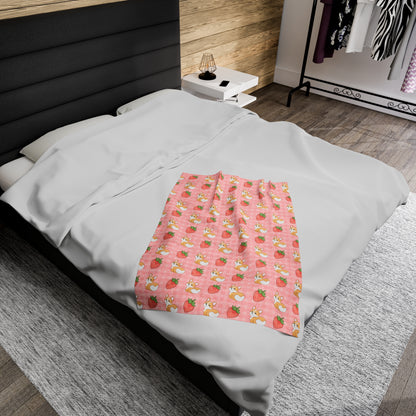 Corgi Butt and Strawberries Pink Gingham and Hearts Velveteen Plush Blanket