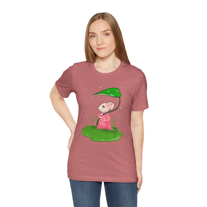 Sakura Mousie with a Leaf Umbrella on a Rainy Day - Super Soft Cotton Airlume Unisex T-Shirt (Large Graphic)