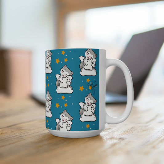 Kitty loves her Ghostie Pillow - Patterned Turquoise Halloween Mug - 15oz