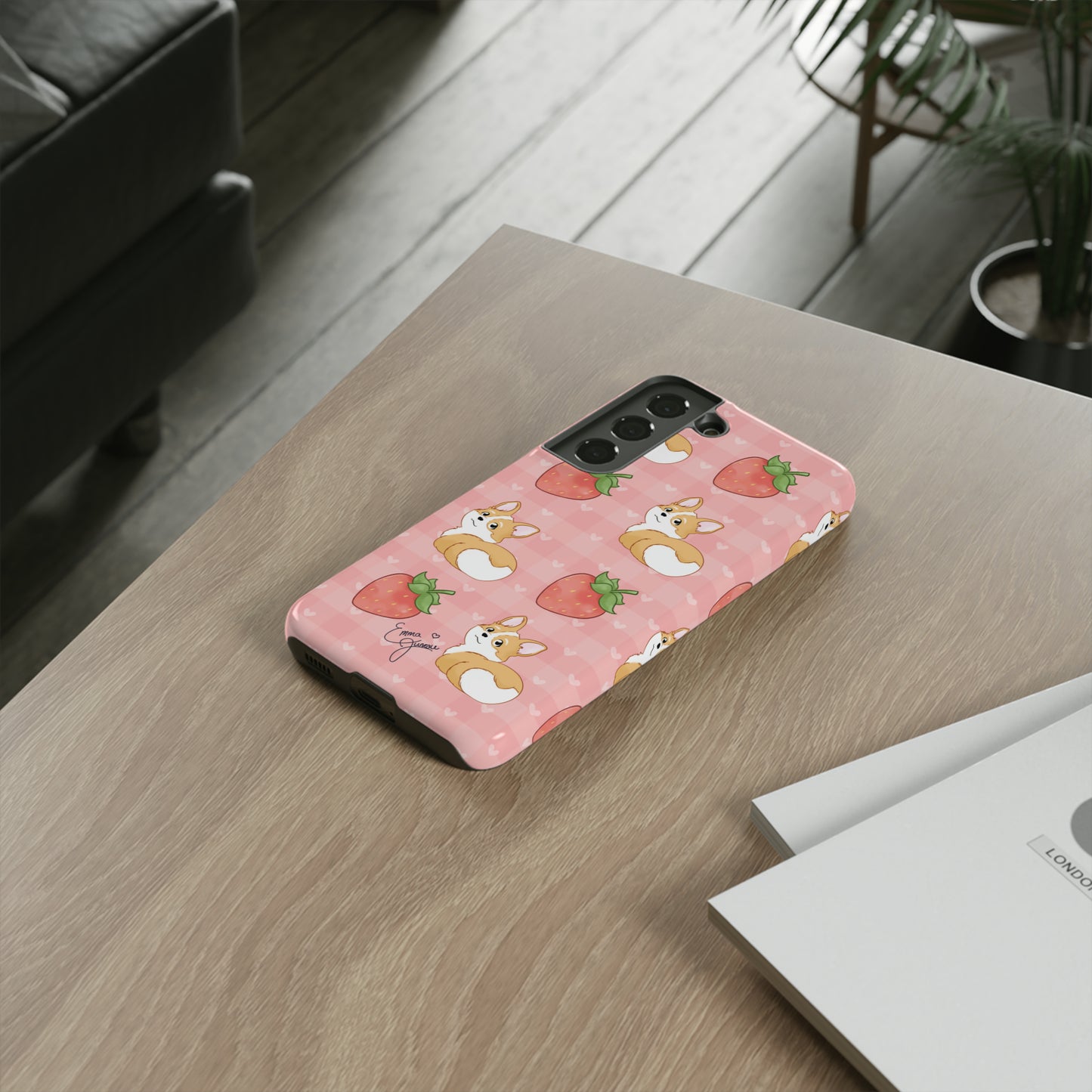 Corgi Butt and Strawberries Cute Pink Gingham Hearts Tough Case