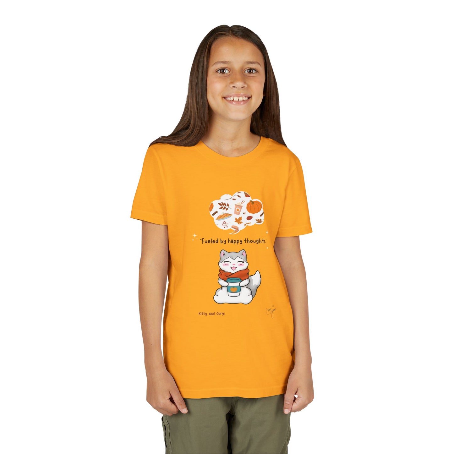 Youth Tee — Kitty loves Autumn - Fueled by Happy Thoughts - Unisex Youth/ Children's Graphic Tee