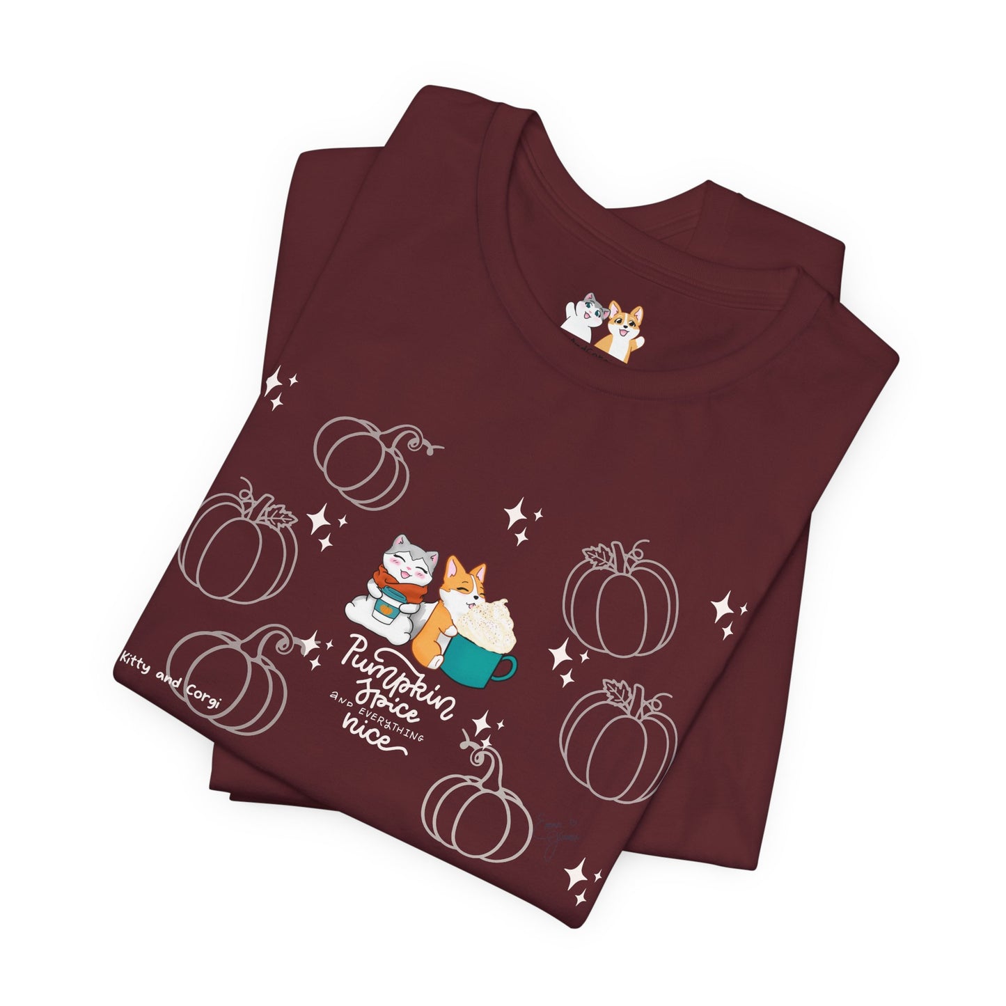 Kitty and Corgi - Pumpkin Spice and Everything Nice - Super Soft Cotton Airlume Unisex T-Shirt (Large Front Graphic)