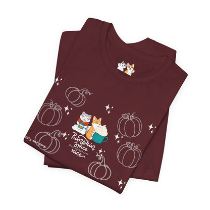 Kitty and Corgi - Pumpkin Spice and Everything Nice - Super Soft Cotton Airlume Unisex T-Shirt (Large Front Graphic)