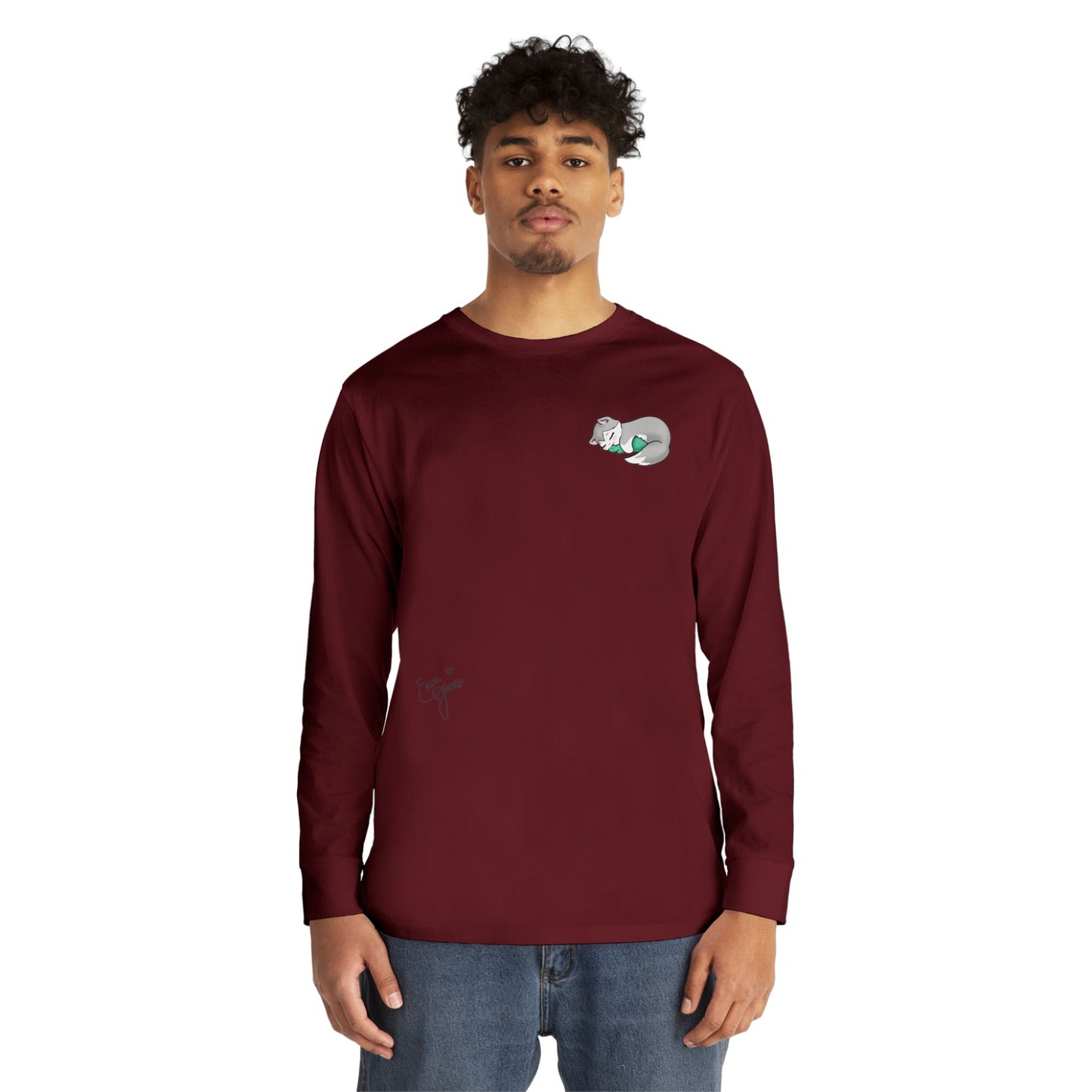 Sleepy Kitty snuggled up with her favorite Dino Plushie - Unisex Graphic Long Sleeve Tee