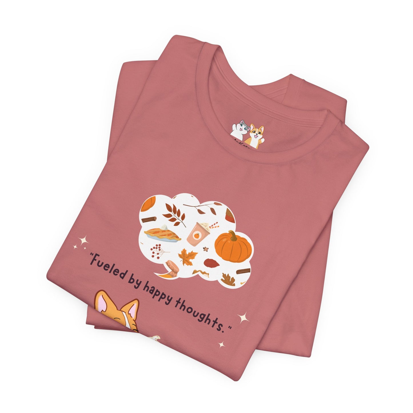 Corgi is Fueled by Happy Thoughts of Fall and Pumpkin Spice - Super Soft Cotton Airlume Unisex T-Shirt (Large Graphic)