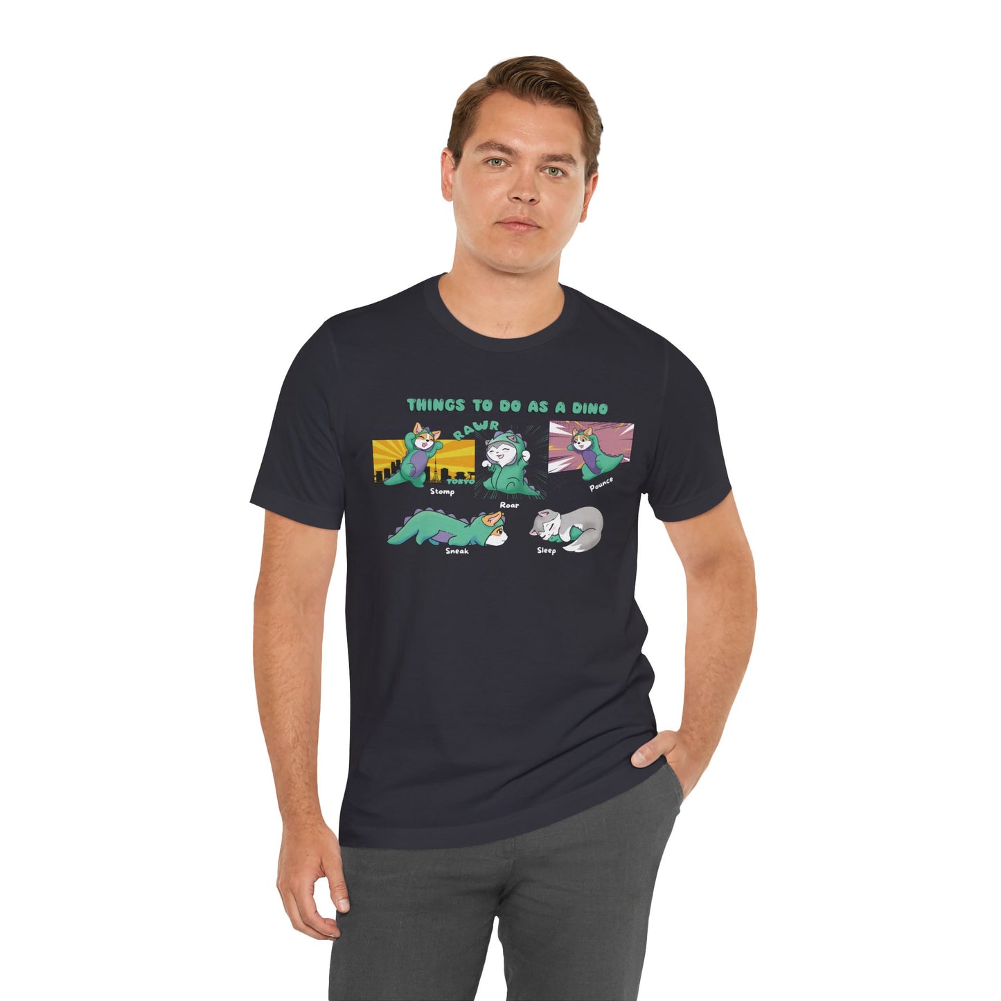 Kitty and Corgi - Things To Do As A Dino - Super Soft Cotton Airlume Unisex T-Shirt (Horizontal Graphic)