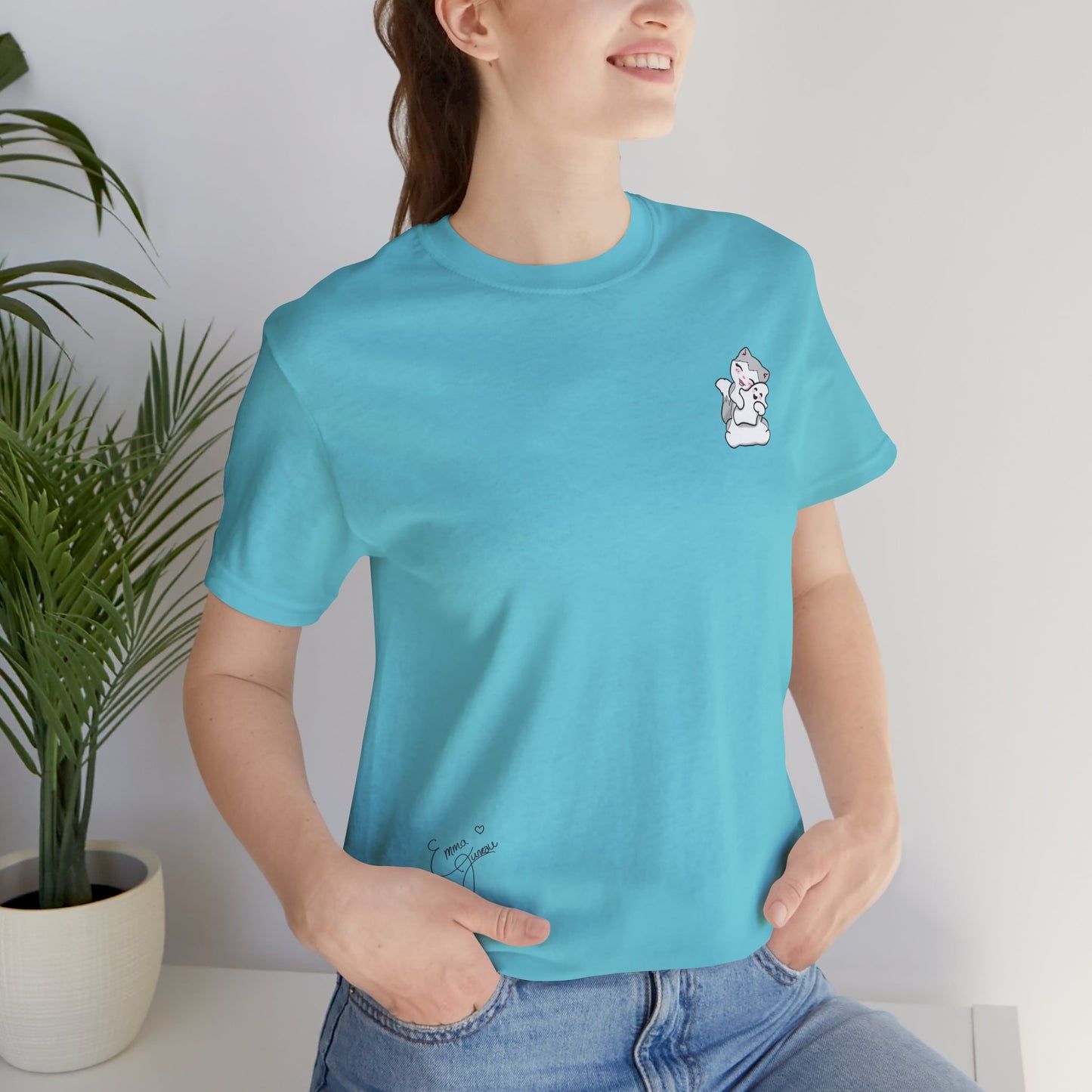 Kitty Snuggling Her Ghost Plushie - Super Soft Cotton Airlume Unisex T-Shirt