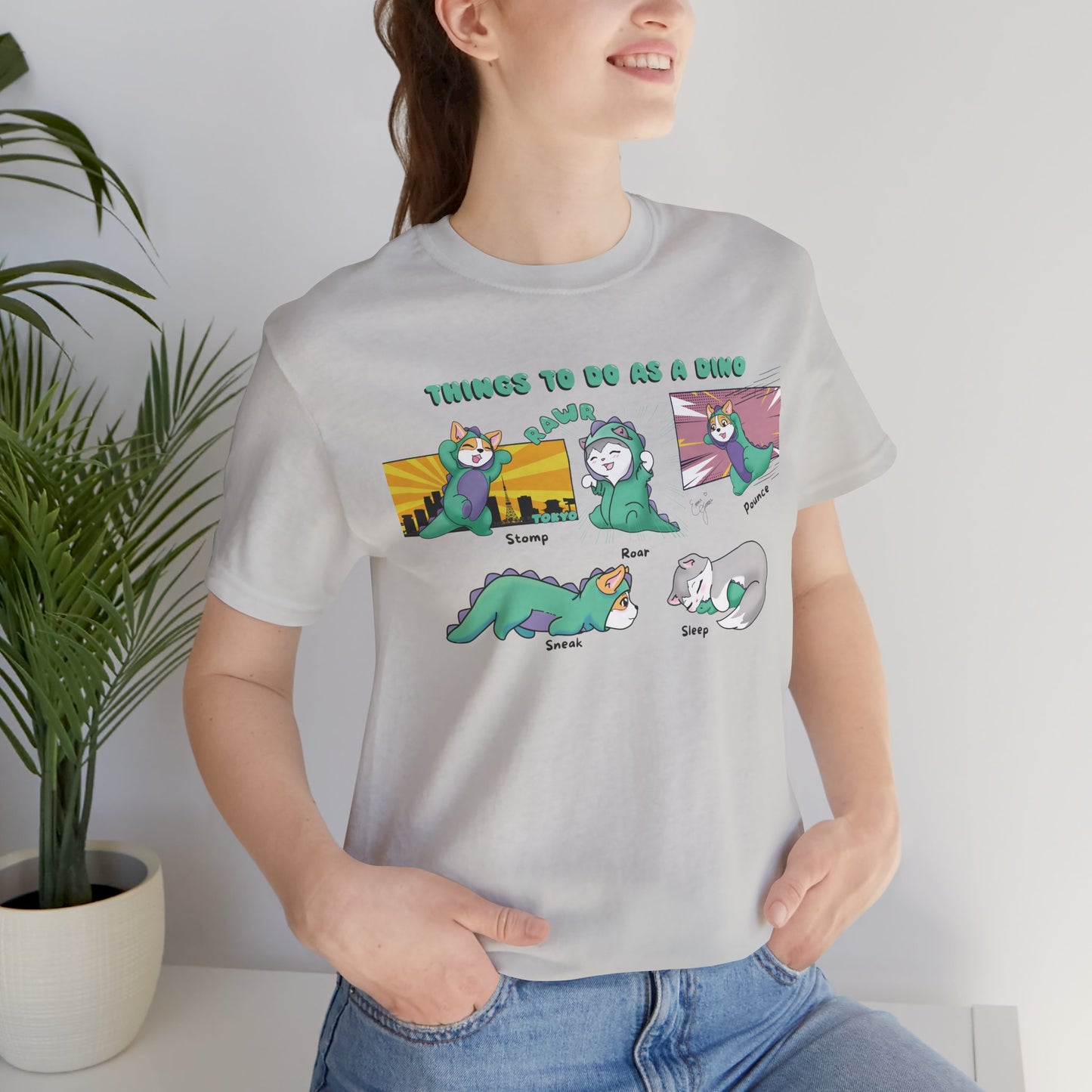 Kitty and Corgi - Things To Do As A Dino - Super Soft Cotton Airlume Unisex T-Shirt (Horizontal Graphic)