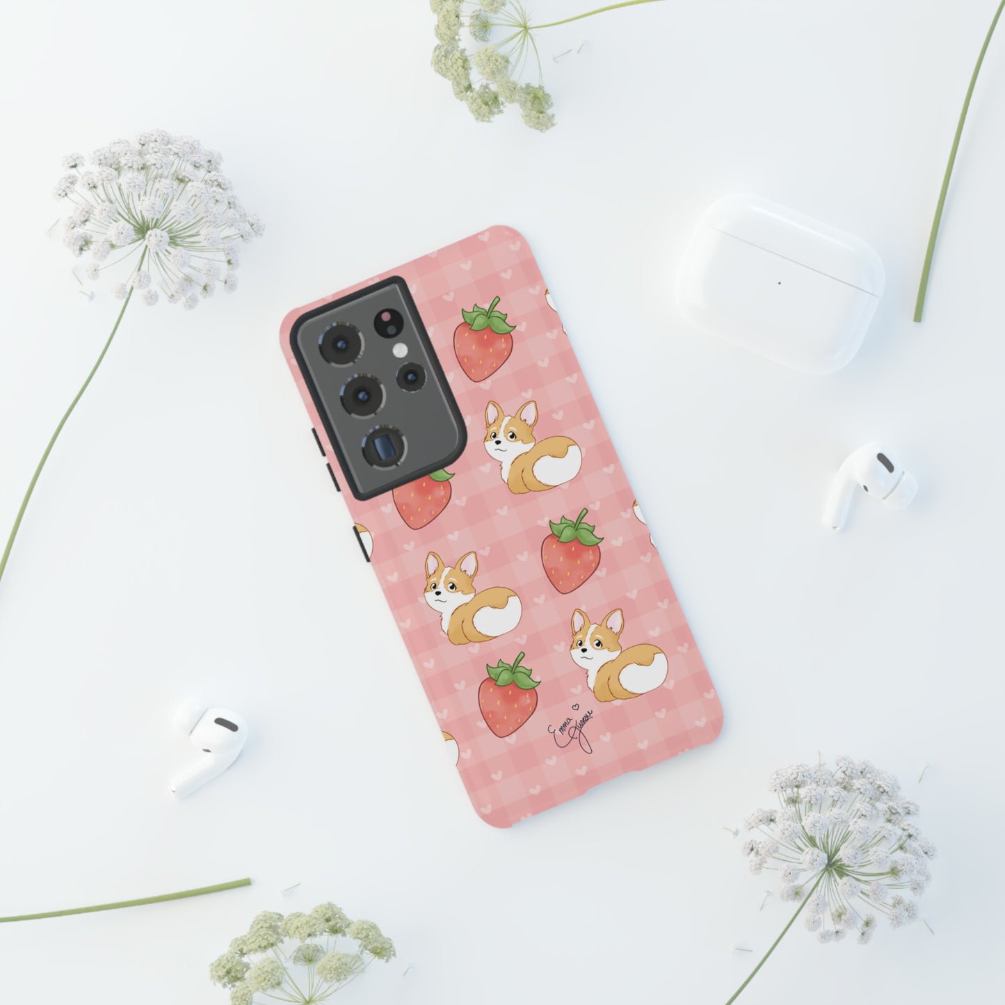 Corgi Butt and Strawberries Cute Pink Gingham Hearts Tough Case