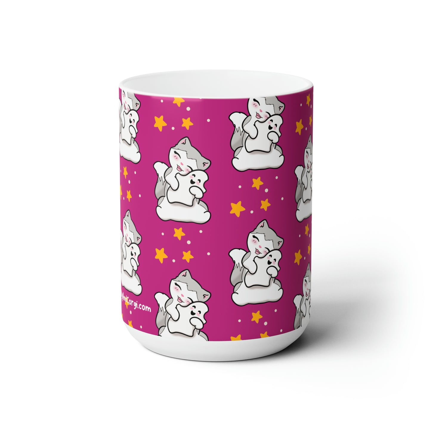 Kitty loves her Ghostie Pillow - Patterned Pink Halloween Mug - 15oz