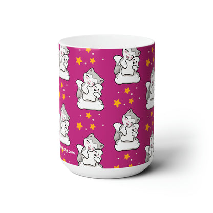 Kitty loves her Ghostie Pillow - Patterned Pink Halloween Mug - 15oz